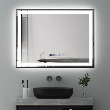 Oglinda LED 80x60cm Rama Neagra, Senzor, Dezaburire, 3 Lumini, Temperatura si Ceas W03