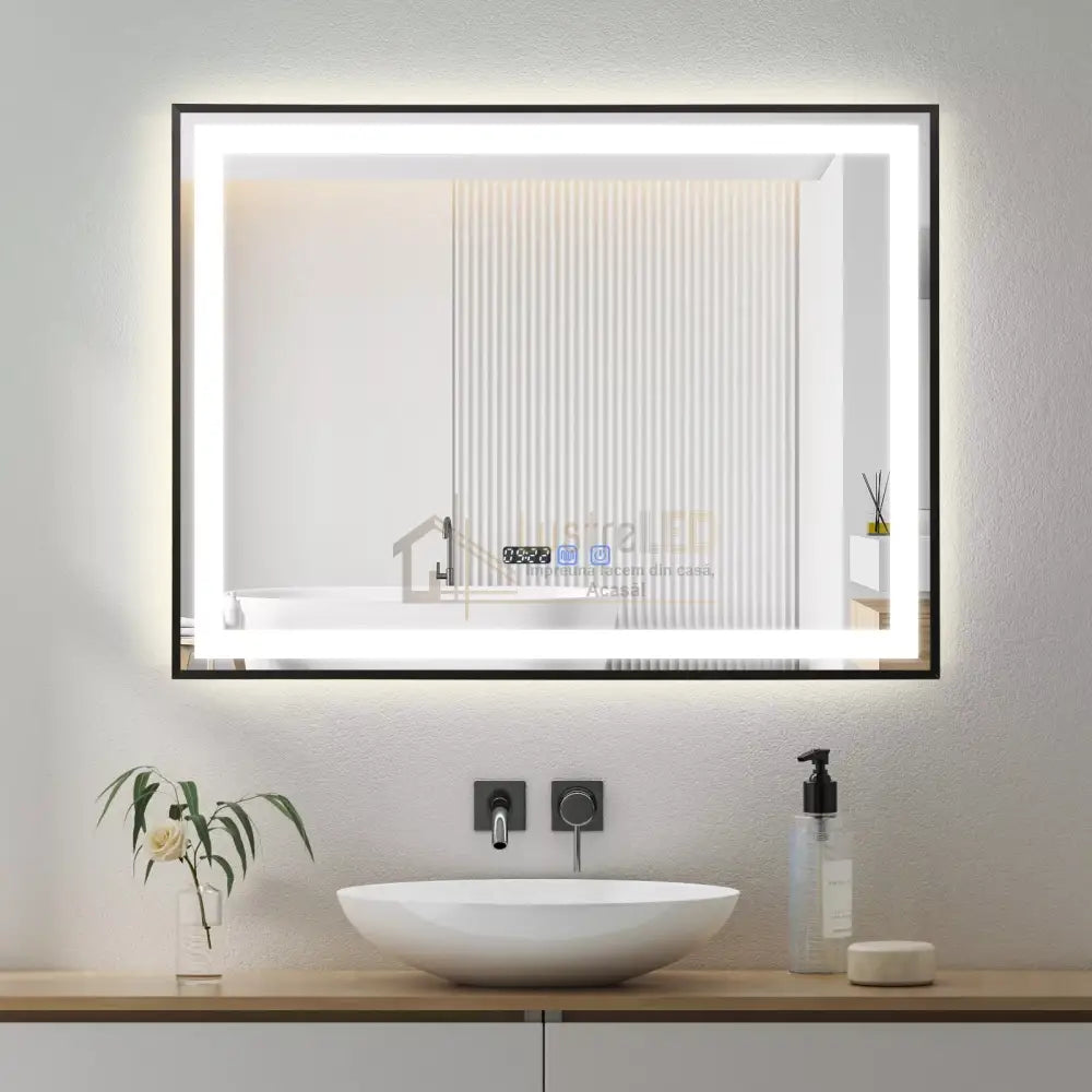 Oglinda LED 80x60cm Rama Neagra Senzor Dezaburire 3 Lumini Temperatura si Ceas W03 led mirror