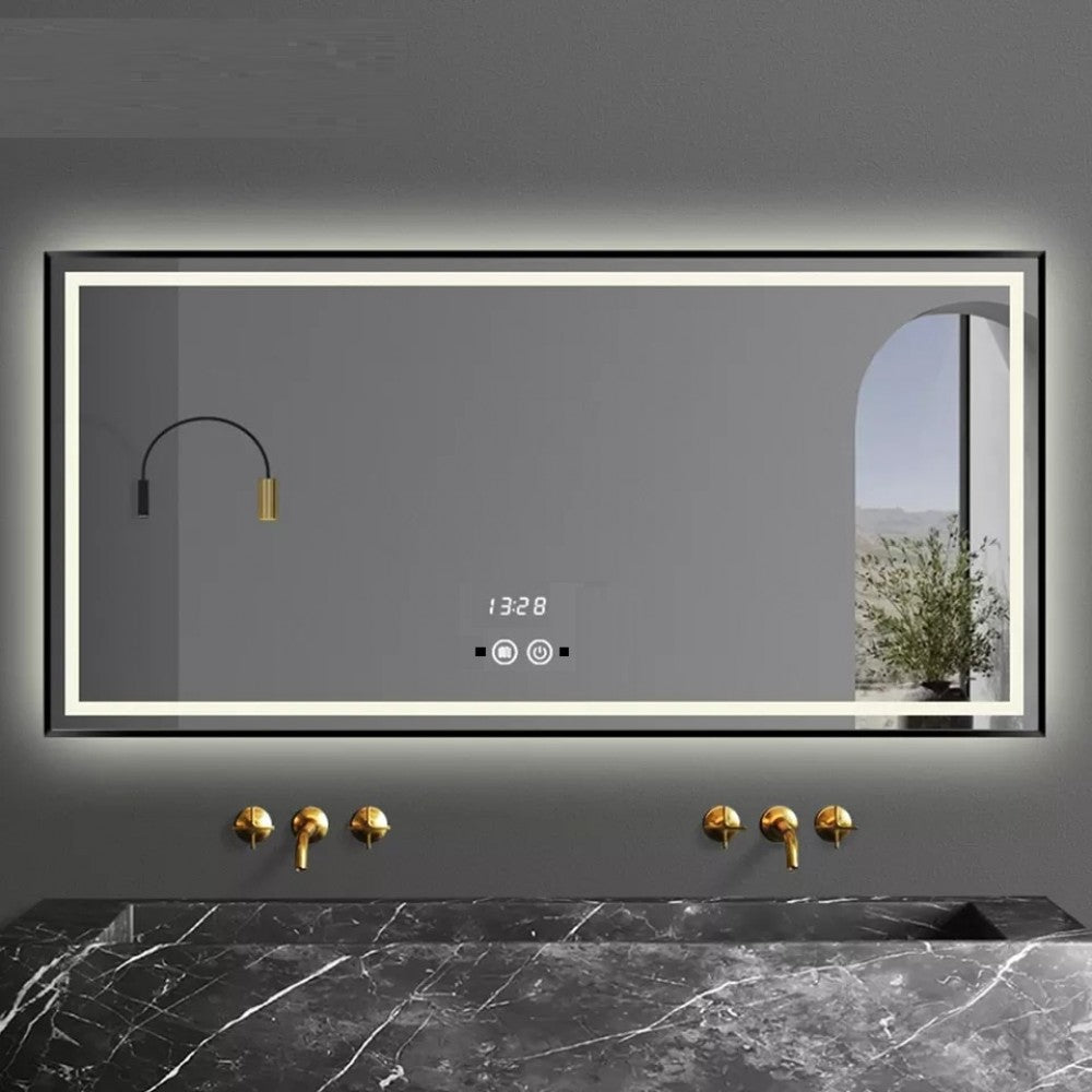 Oglinda LED 100x65cm cu Rama Neagra Functie Touch, Senzor De Miscare si Ceas J31