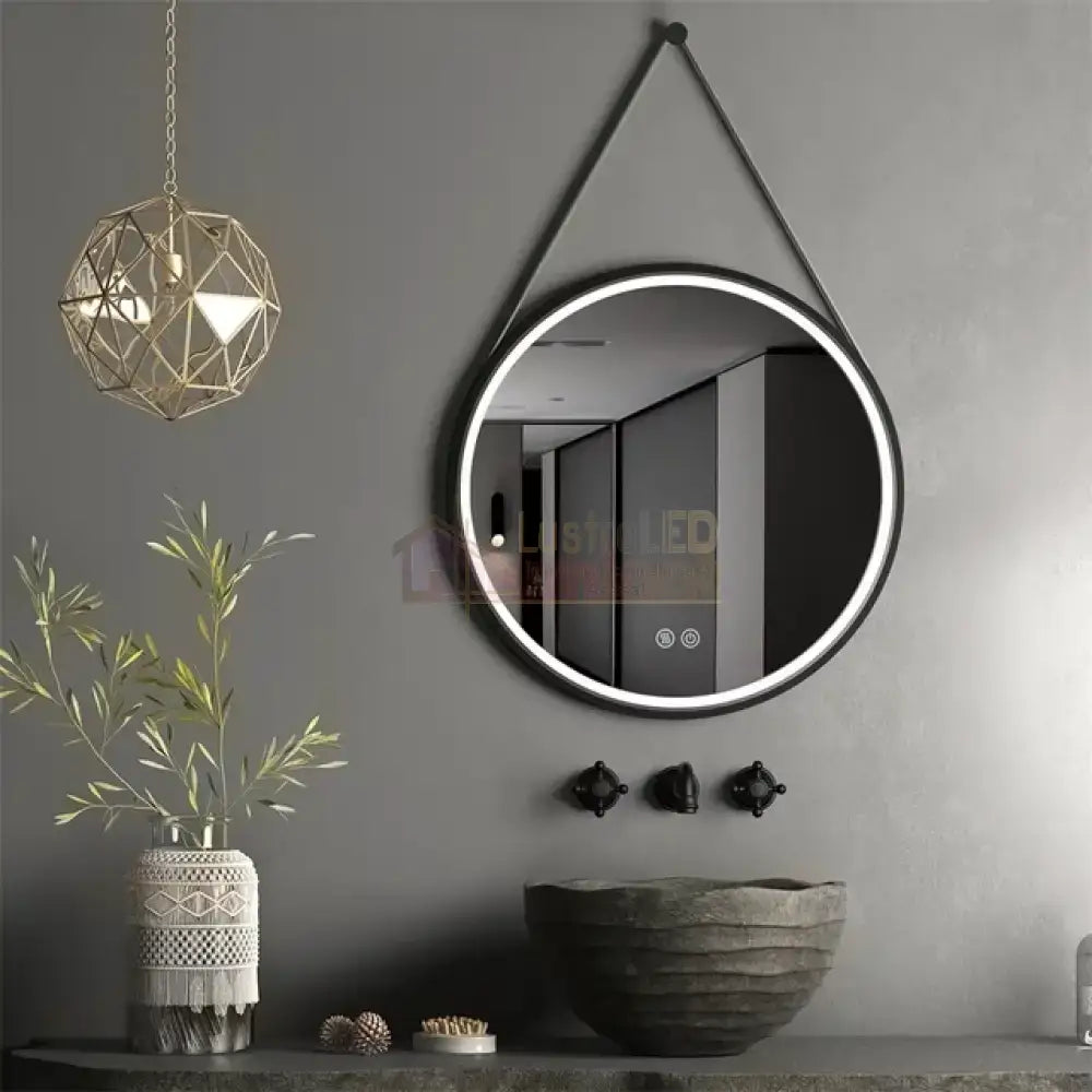 Oglinda Led Baie 60Cm Fog Black Piele + Aluminiu Senzor Miscare Temperatura Ceas Si Dezaburire