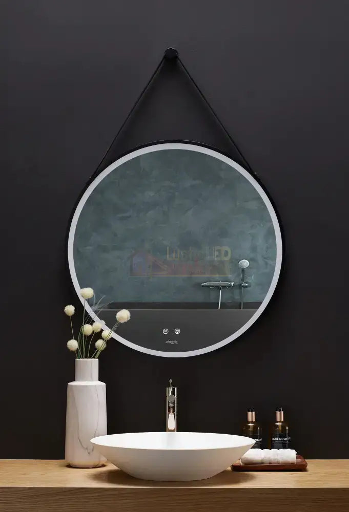 Oglinda Led Baie 60Cm Fog Black Piele + Aluminiu Senzor Miscare Temperatura Ceas Si Dezaburire
