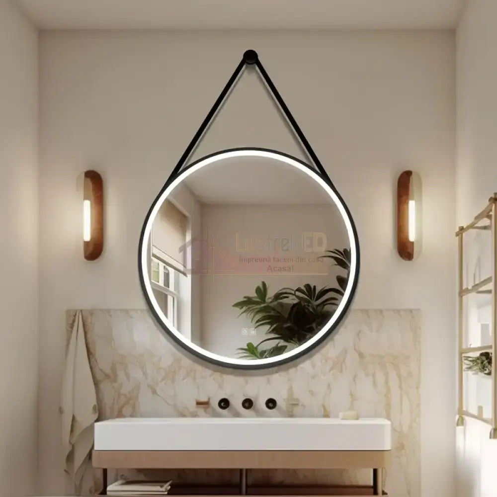 Oglinda Led Baie 60Cm Fog Black Piele + Aluminiu Senzor Miscare Temperatura Ceas Si Dezaburire