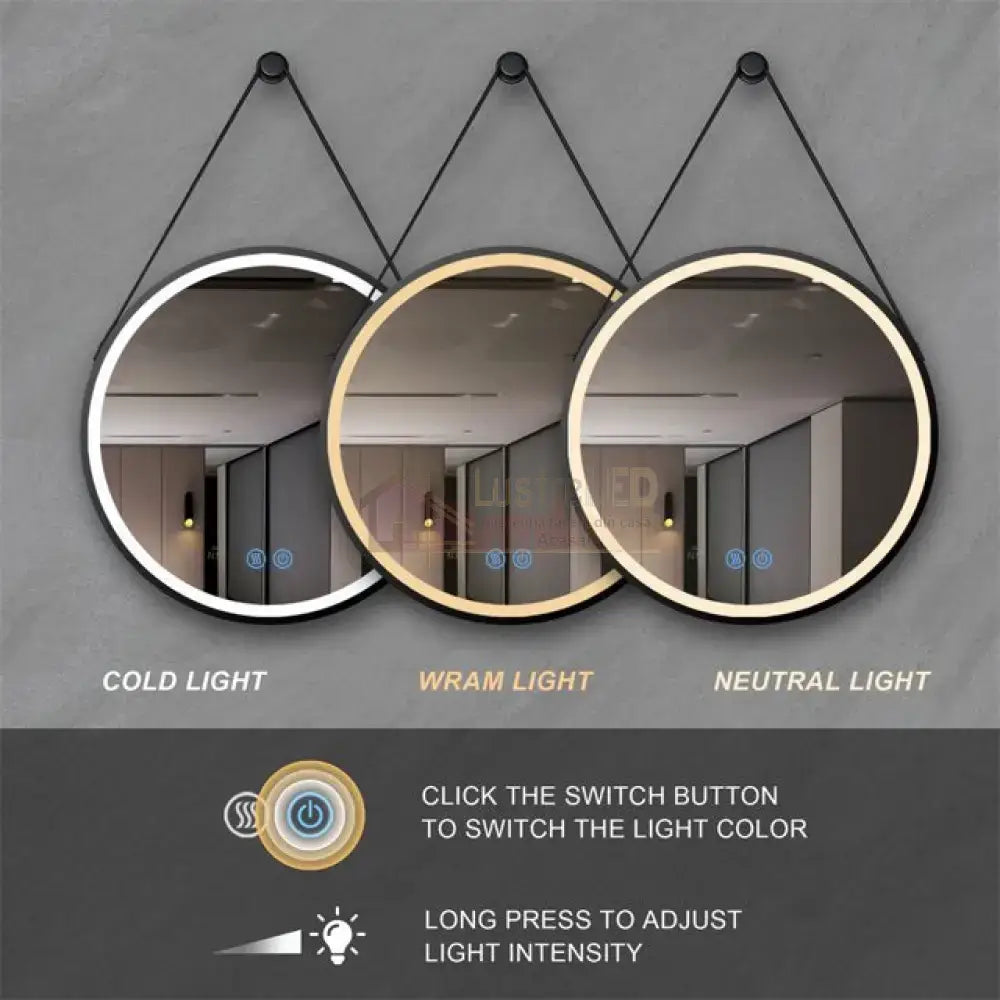 Oglinda Led Baie 60Cm Fog Black Piele + Aluminiu Senzor Miscare Temperatura Ceas Si Dezaburire