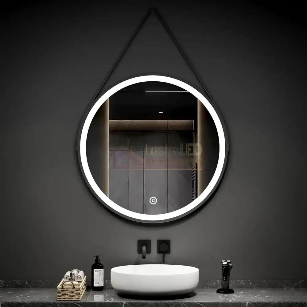 Oglinda Led Baie 60Cm Fog Black Piele + Aluminiu Senzor Miscare Temperatura Ceas Si Dezaburire