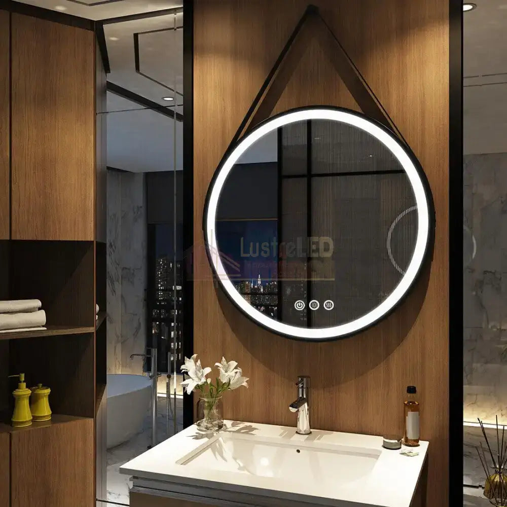 Oglinda Led Baie 60Cm Fog Black Piele + Aluminiu Senzor Miscare Temperatura Ceas Si Dezaburire