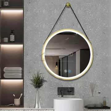 Oglinda LED Baie 60cm FOG GOLD Piele+Aluminiu, Senzor Miscare, Temperatura, Ceas si Dezaburire
