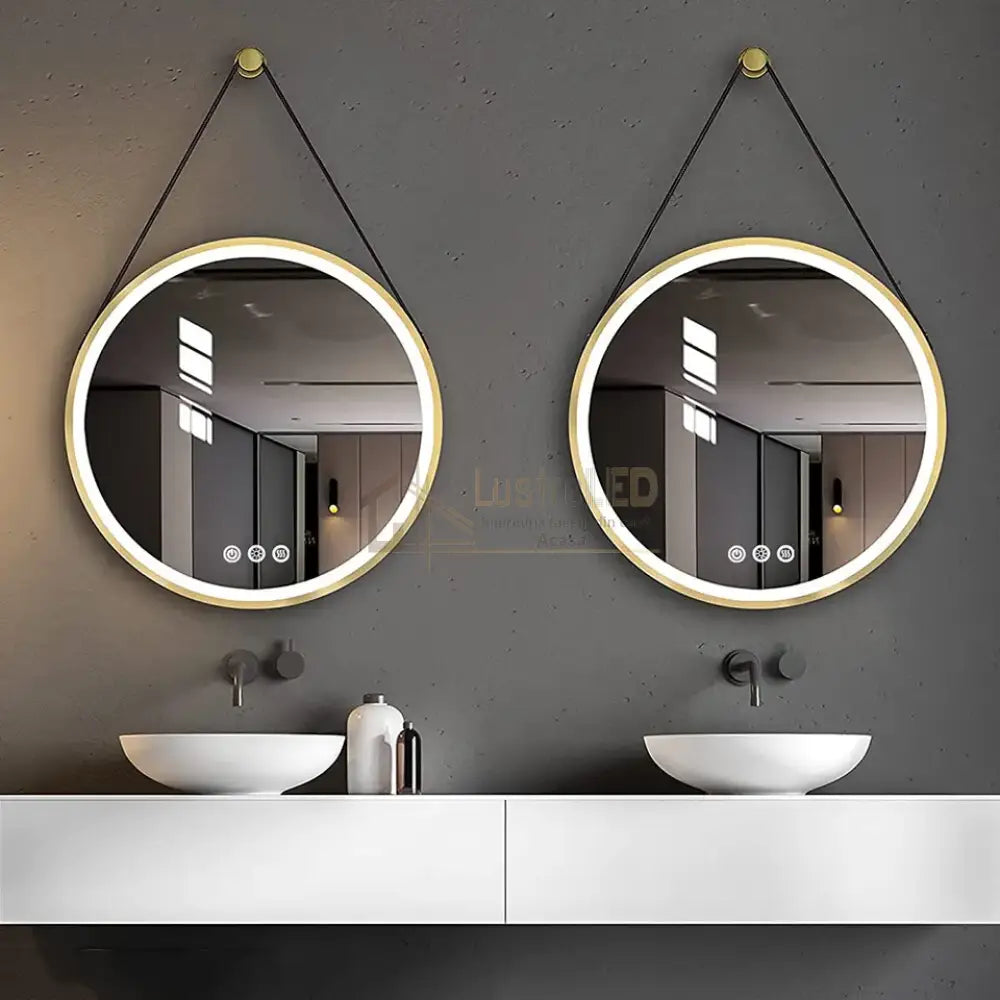 Oglinda Led Baie 60Cm Fog Gold Piele + Aluminiu Senzor Miscare Temperatura Ceas Si Dezaburire Led