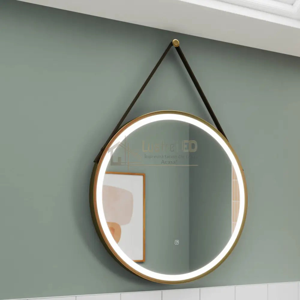 Oglinda Led Baie 60Cm Fog Gold Piele + Aluminiu Senzor Miscare Temperatura Ceas Si Dezaburire Led
