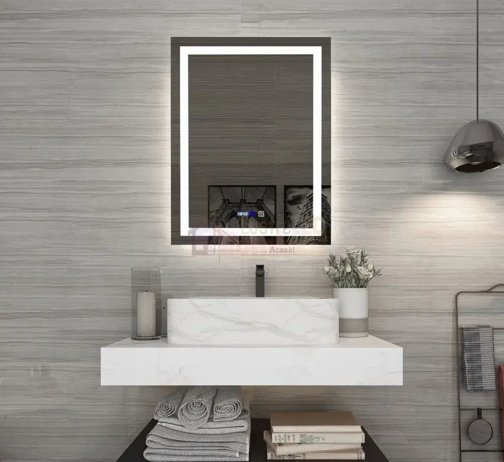 Oglinda Led Dreptunghiulara Cu Ceas 60X80Cm Functie Dezaburire Si Touch J09 Mirror