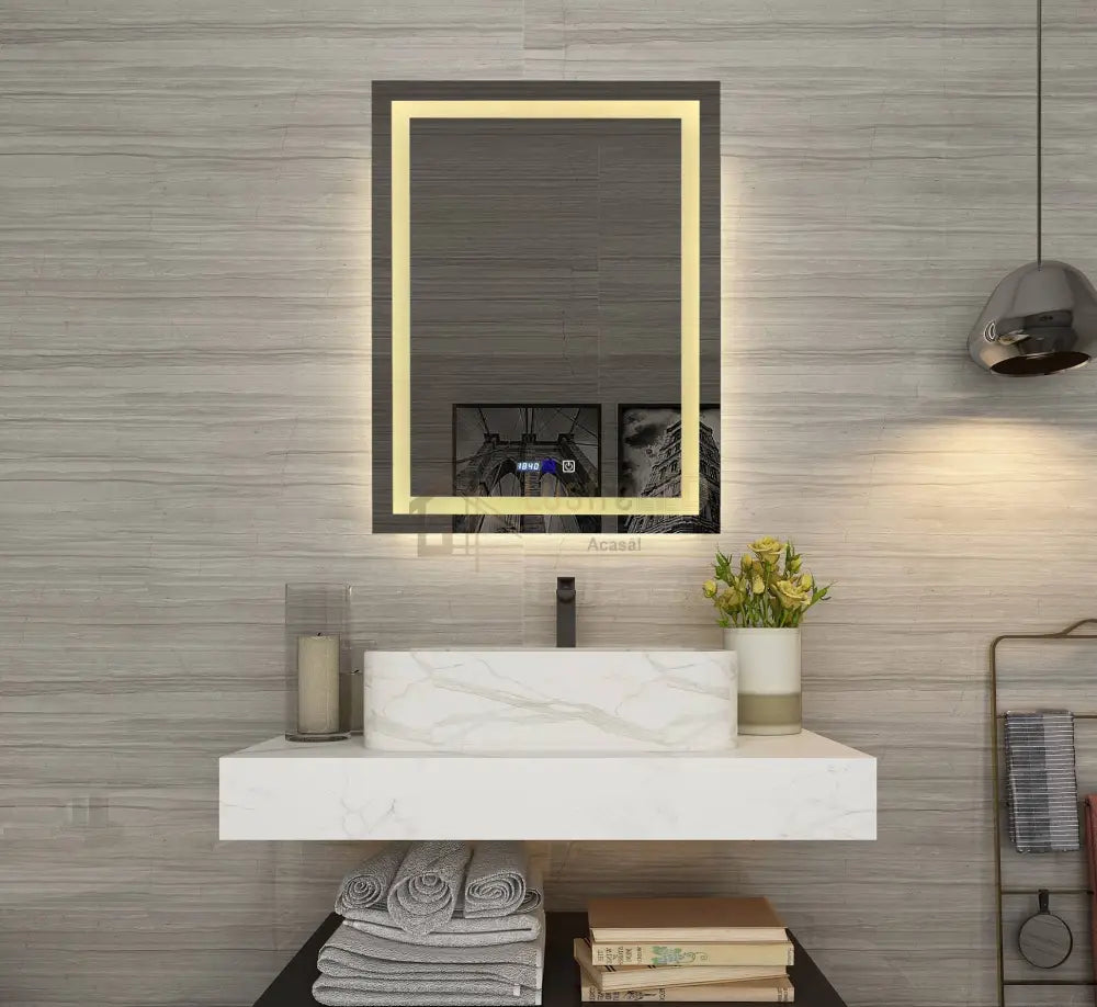 Oglinda Led Dreptunghiulara Cu Ceas 80X60Cm Doua Lumini J09-1