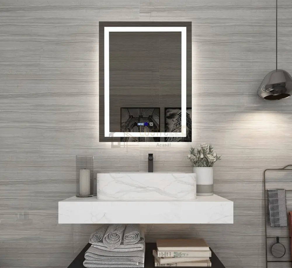 Oglinda Led Dreptunghiulara Cu Ceas 80X60Cm Doua Lumini J09-1