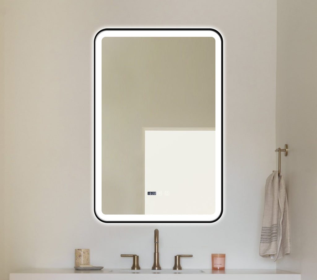 Oglinda LED 60x90cm cu Rama Neagra Functie Dezaburire, Touch si Ceas J36