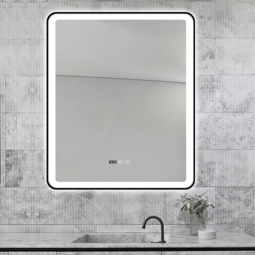 Oglinda LED 75x90cm Rama Neagra, Dezaburire, 3 lumini, Touch si Ceas J37
