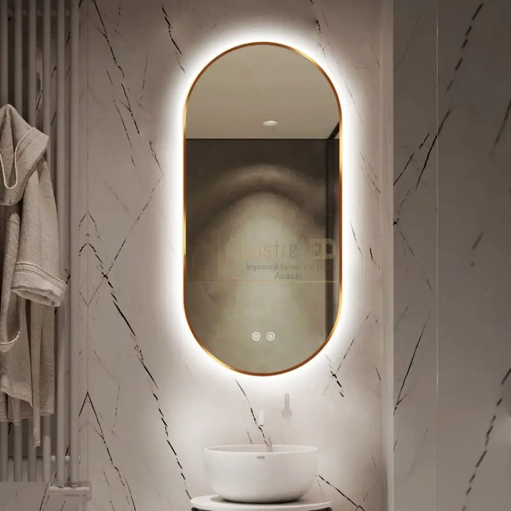 Oglinda LED Ovala 50x100cm Rama Aurie, Dezaburire si 3 Lumini J179 lustreled.ro