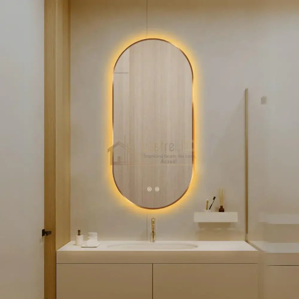 Oglinda LED Ovala 50x100cm Rama Aurie, Dezaburire si 3 Lumini J179 lustreled.ro