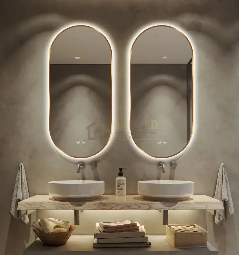 Oglinda LED Ovala 50x100cm Rama Aurie, Dezaburire si 3 Lumini J179 lustreled.ro
