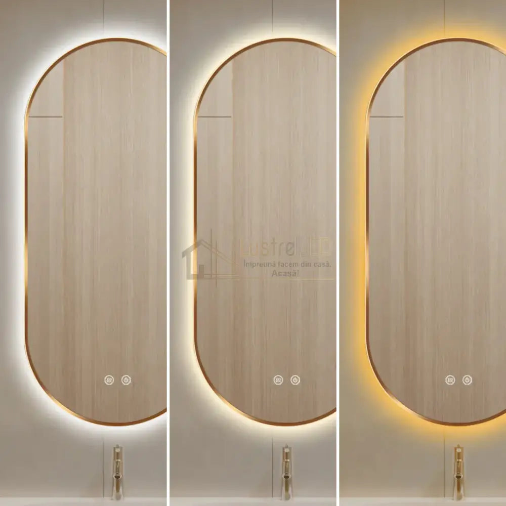 Oglinda LED Ovala 50x100cm Rama Aurie, Dezaburire si 3 Lumini J179 lustreled.ro