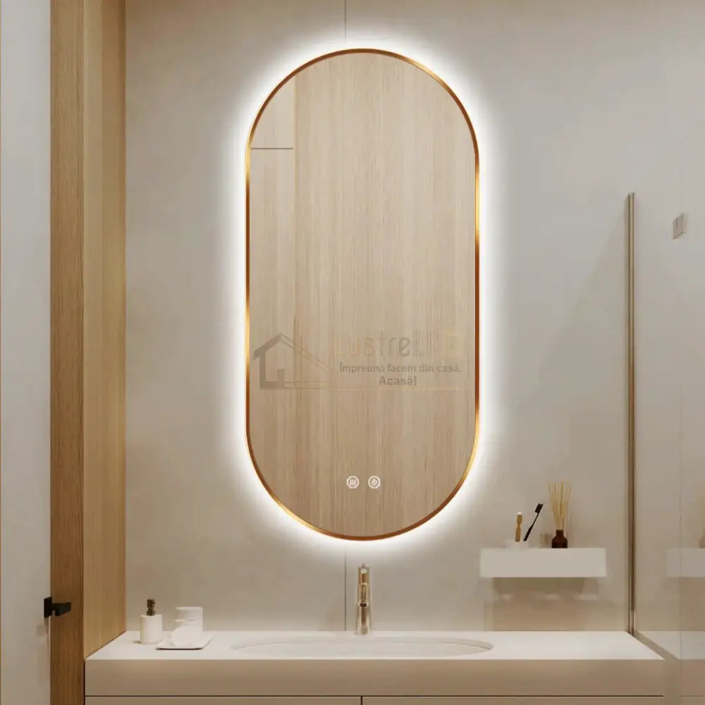 Oglinda LED Ovala 50x100cm Rama Aurie, Dezaburire si 3 Lumini J179 lustreled.ro