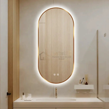 Oglinda LED Ovala 50x100cm Rama Aurie, Dezaburire si 3 Lumini J179