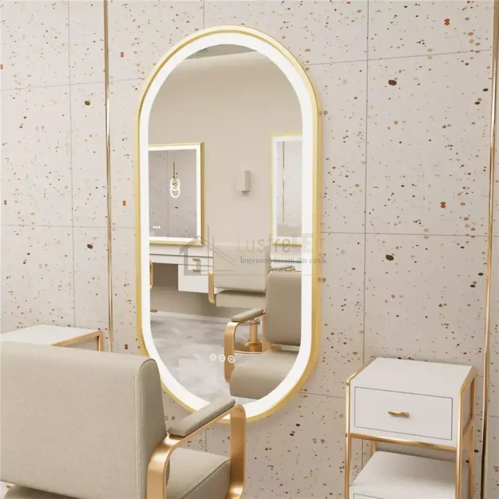 Oglinda LED Ovala 50x80cm Rama Aurie Senzor Dezaburire 3 Lumini Temperatura si Ceas W25 led mirror