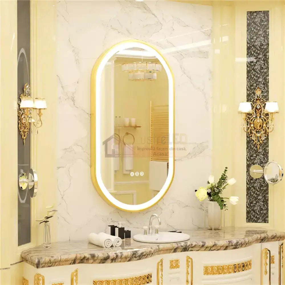 Oglinda LED Ovala 50x80cm Rama Aurie Senzor Dezaburire 3 Lumini Temperatura si Ceas W25 AURIE / 50X80CM LED MIRROR