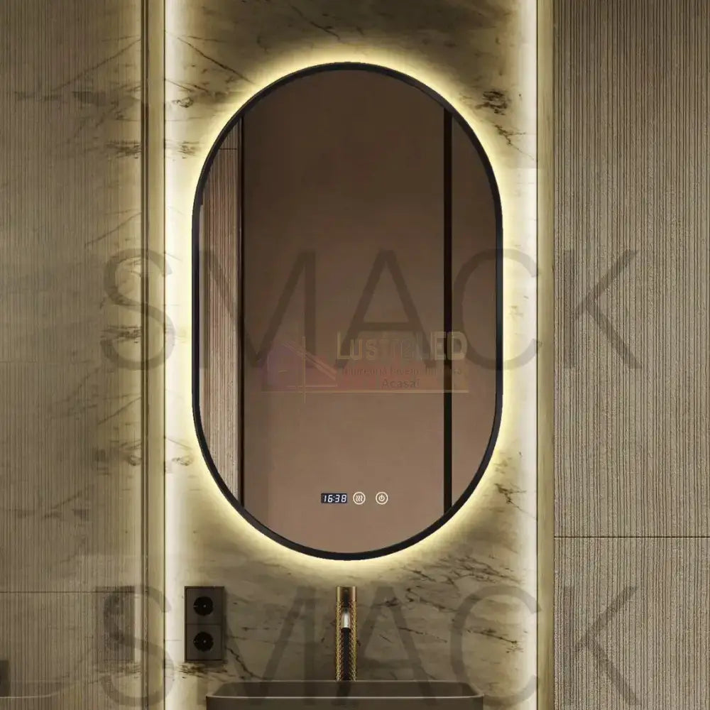 Oglinda LED Ovala 50x80cm Rama Neagra 3 Lumini Ceas Dezaburire si Touch J180 NEAGRA / 50X80CM LED MIRROR