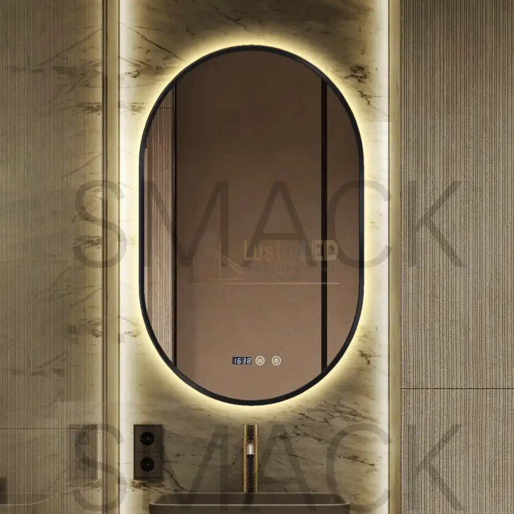Oglinda LED Ovala 50x80cm Rama Neagra 3 Lumini Ceas Dezaburire si Touch J180 led mirror