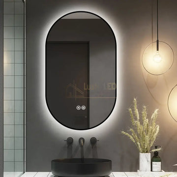 Oglinda LED Ovala 50x80cm Rama Neagra, 3 Lumini, Ceas, Dezaburire si Touch J180