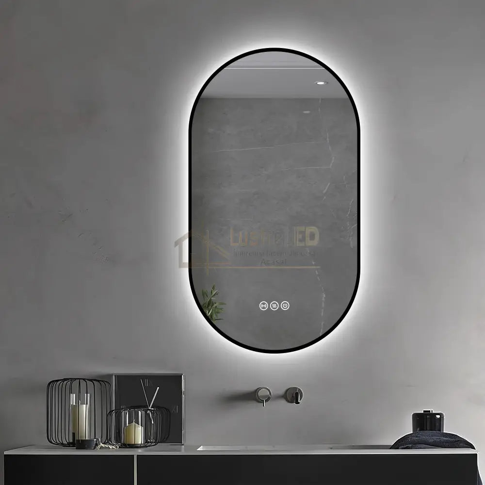 Oglinda LED Ovala 50x80cm Rama Neagra 3 Lumini Ceas Dezaburire si Touch J180 led mirror