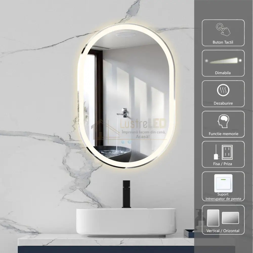 Oglinda Led Ovala 60X90Cm 3 Lumini Dezaburire Si Touch Od061 Led Mirror