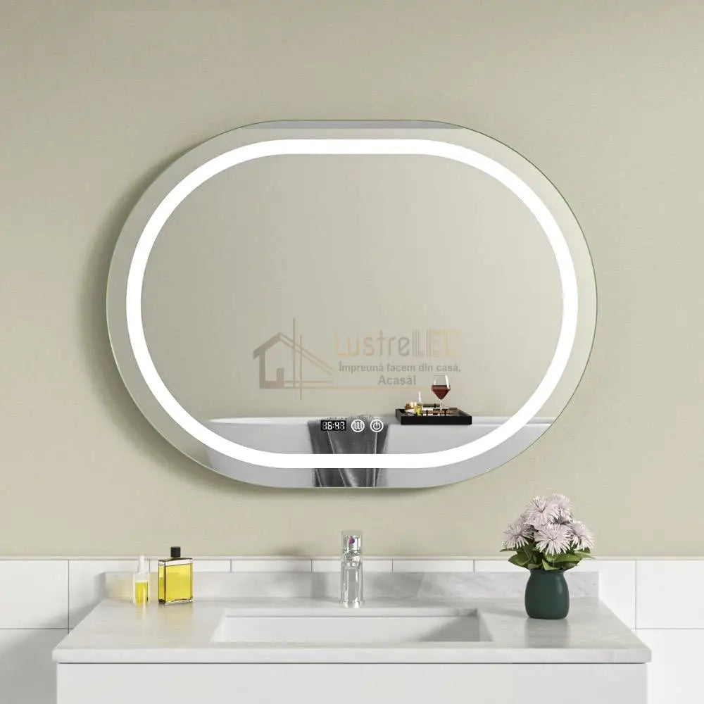 Oglinda LED Ovala 80x60cm Senzor Dezaburire 3 Lumini Temperatura si Ceas W16 led mirror