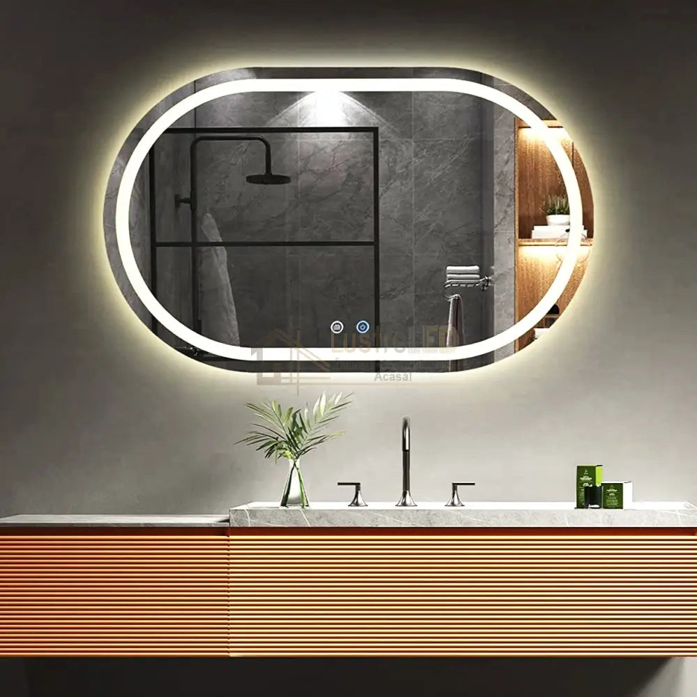 Oglinda LED Ovala 80x60cm Senzor Dezaburire 3 Lumini Temperatura si Ceas W16 led mirror