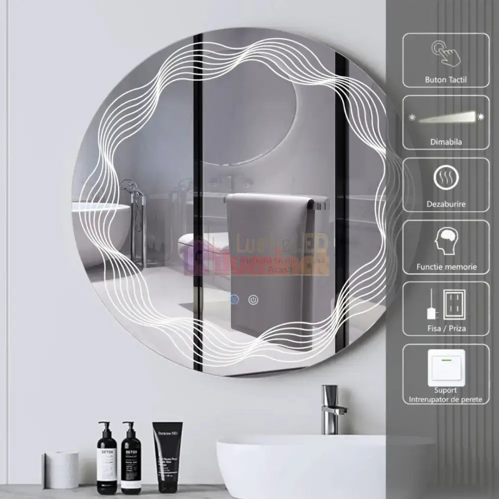 Oglinda LED Rotunda 60cm, 3 Lumini, Dezaburire si Touch E26S lustreled.ro