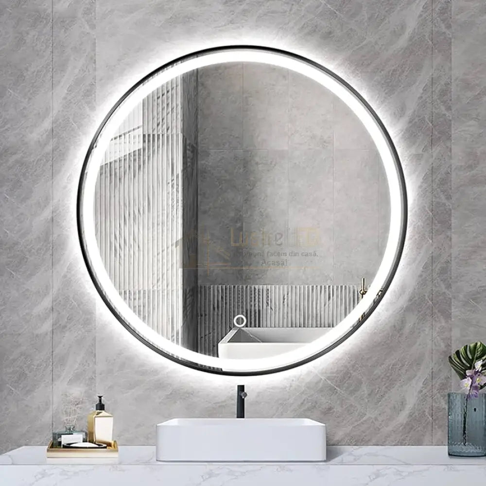 Oglinda Led Rotunda 60Cm Rama Neagra Dezaburire Si Touch C1176Bks Led Mirror