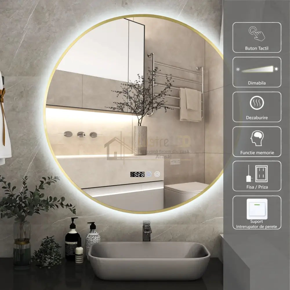 Oglinda Led Rotunda 70Cm Rama Aurie Ceas Temperatura Touch Si 3 Lumini Od010T/Gd