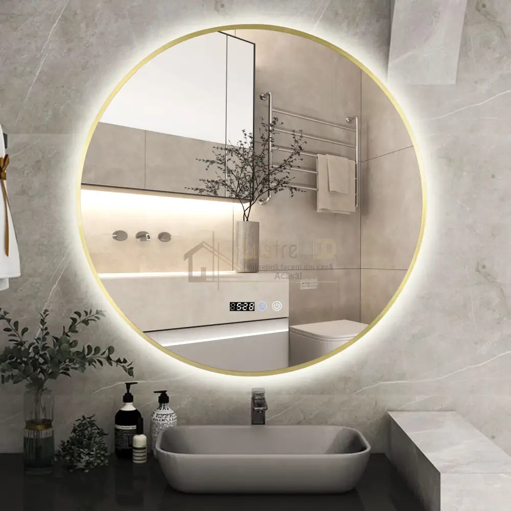 Oglinda Led Rotunda 70Cm Rama Aurie Ceas Temperatura Touch Si 3 Lumini Od010T/Gd