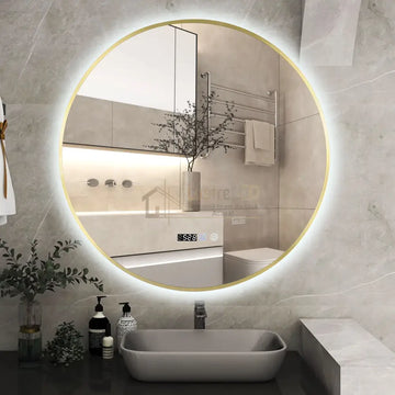 Oglinda LED Rotunda 70cm Rama Aurie, Ceas, Temperatura, Touch si 3 Lumini OD010T/GD