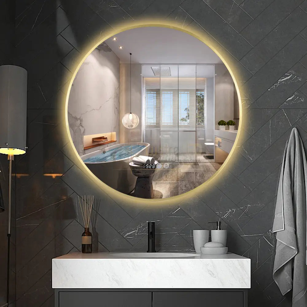 Oglinda Led Rotunda 70Cm Rama Aurie Ceas Temperatura Touch Si 3 Lumini Od010T/Gd
