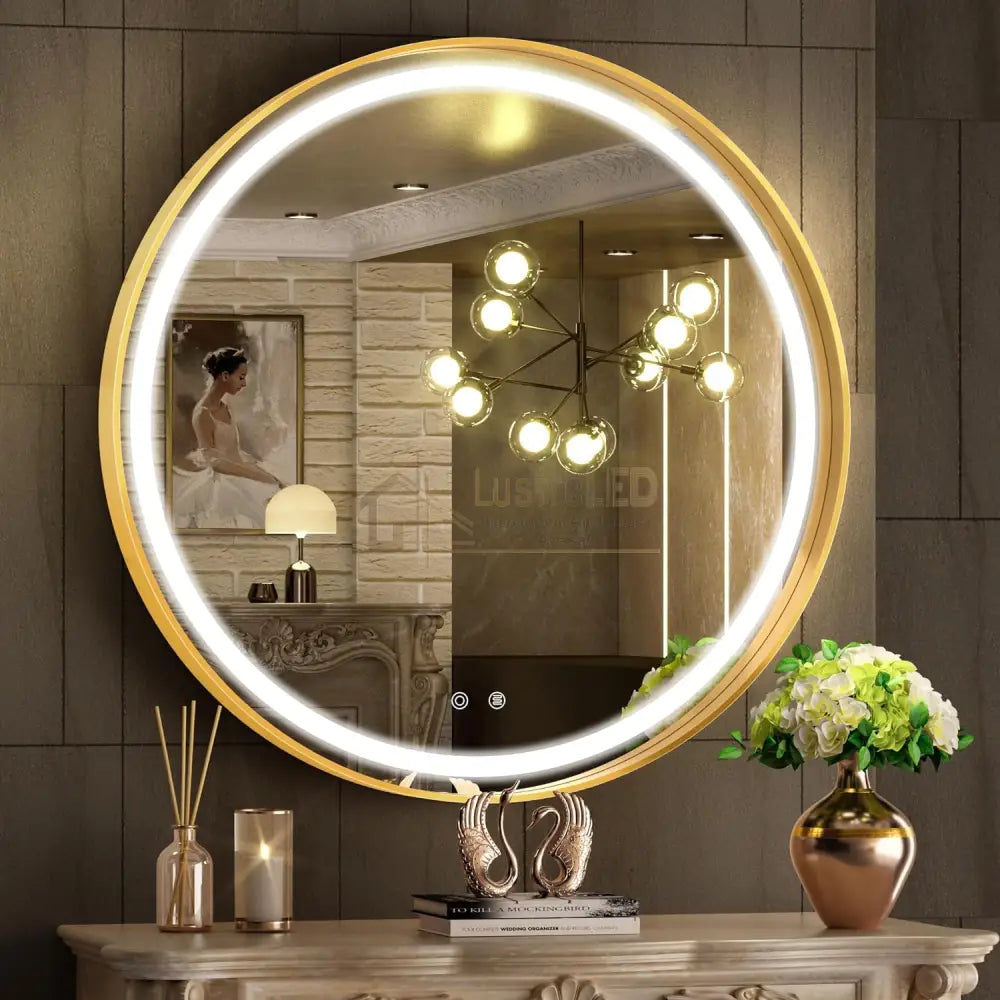 Oglinda Led Rotunda 70Cm Rama Aurie Touch Si 3 Lumini Od016/Gd