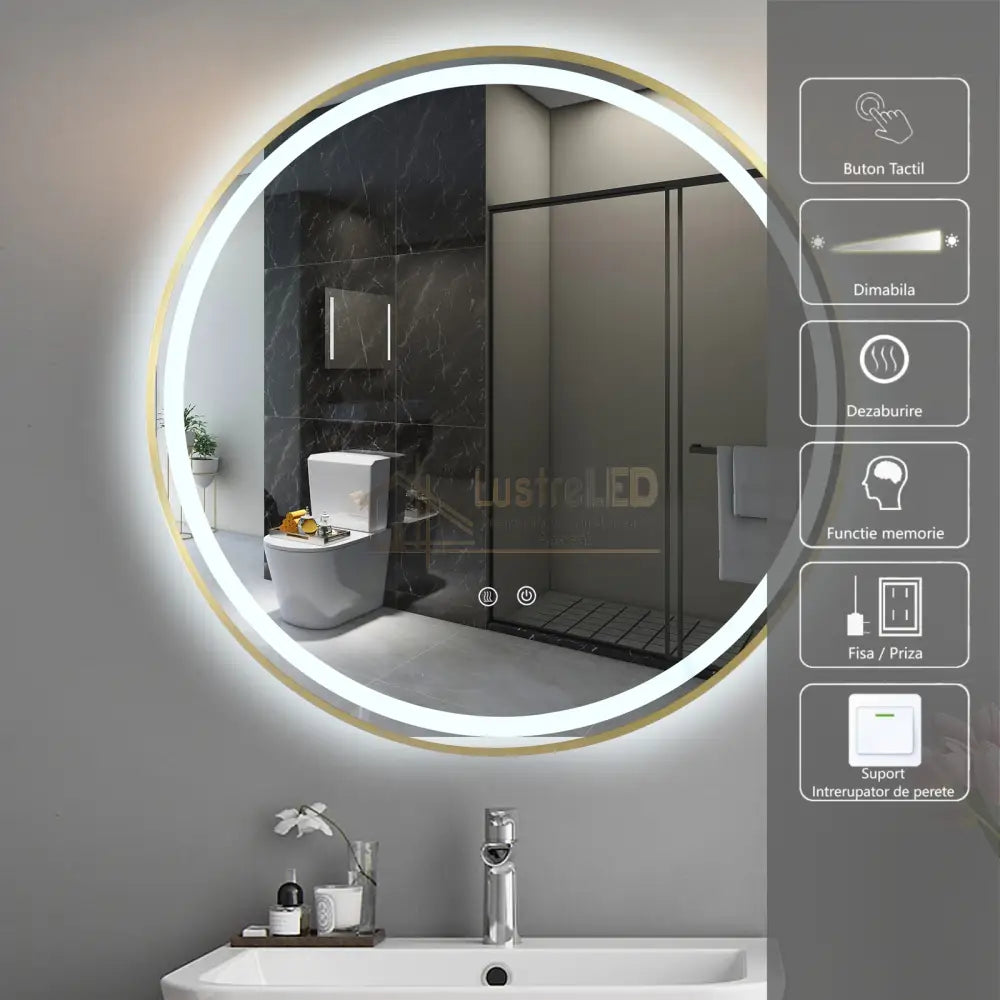 Oglinda Led Rotunda 70Cm Rama Aurie Touch Si 3 Lumini Od016/Gd