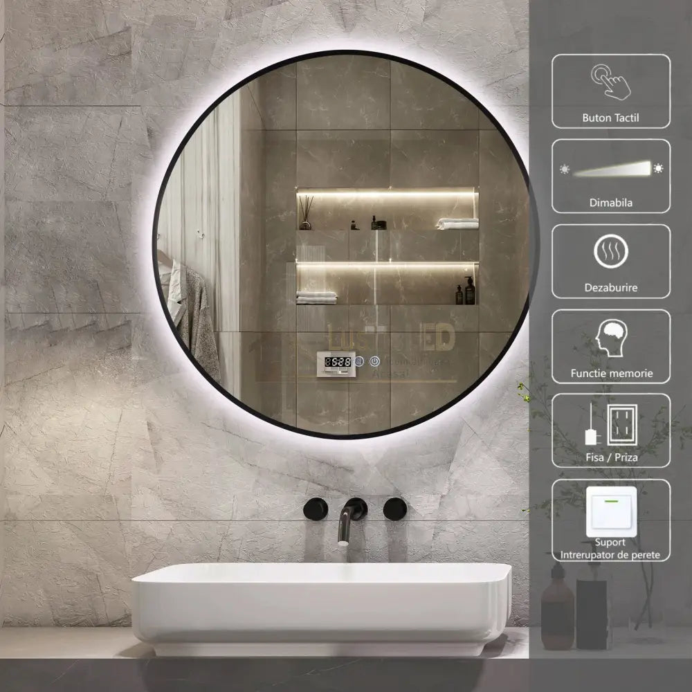 Oglinda Led Rotunda 70Cm Rama Neagra Ceas Temperatura Touch Si 3 Lumini Od010T/Bk