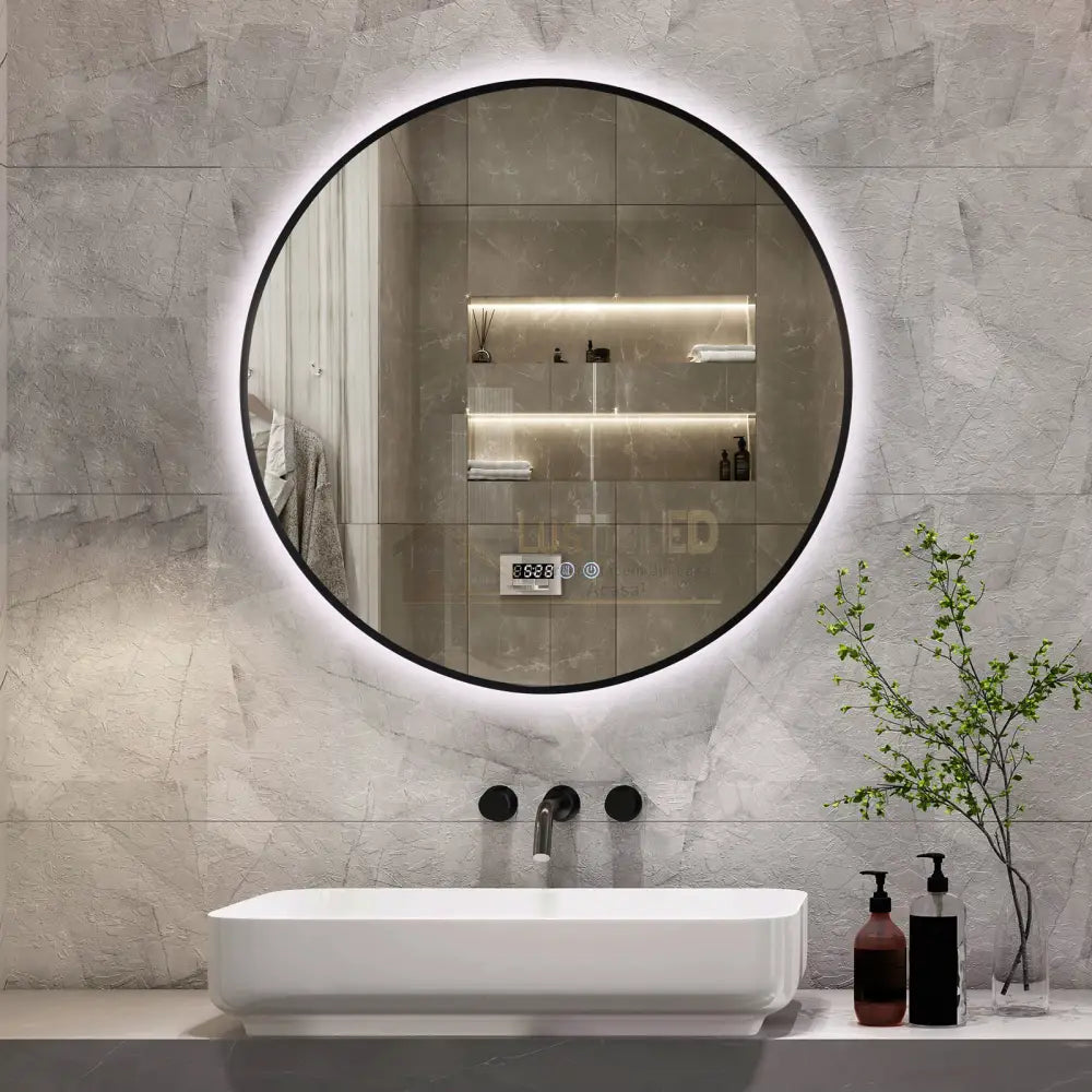 Oglinda Led Rotunda 70Cm Rama Neagra Ceas Temperatura Touch Si 3 Lumini Od010T/Bk