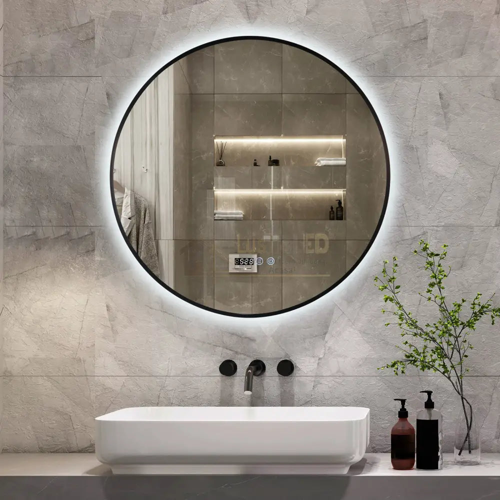 Oglinda Led Rotunda 70Cm Rama Neagra Ceas Temperatura Touch Si 3 Lumini Od010T/Bk