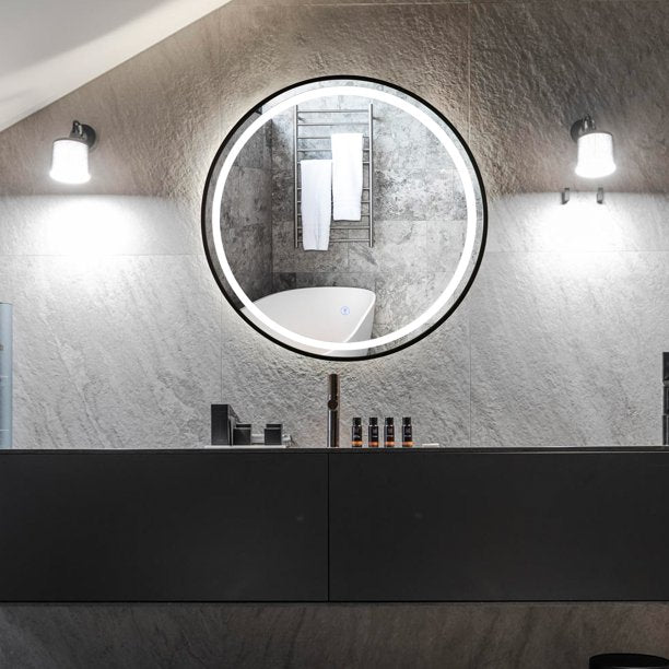 Oglinda LED Rotunda 70cm Rama Neagra Dezaburire si Touch J10