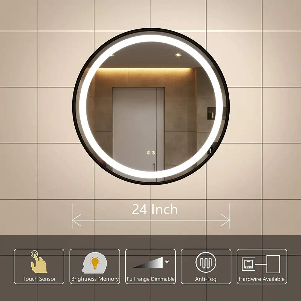 Oglinda Led Rotunda 70Cm Rama Neagra Dezaburire Si Touch J10 Led Mirror