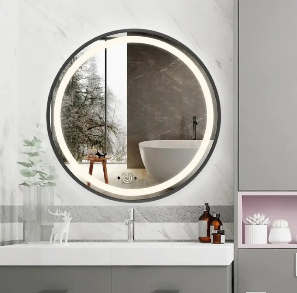 Oglinda Led Rotunda 70Cm Rama Neagra Dezaburire Si Touch J10 Led Mirror