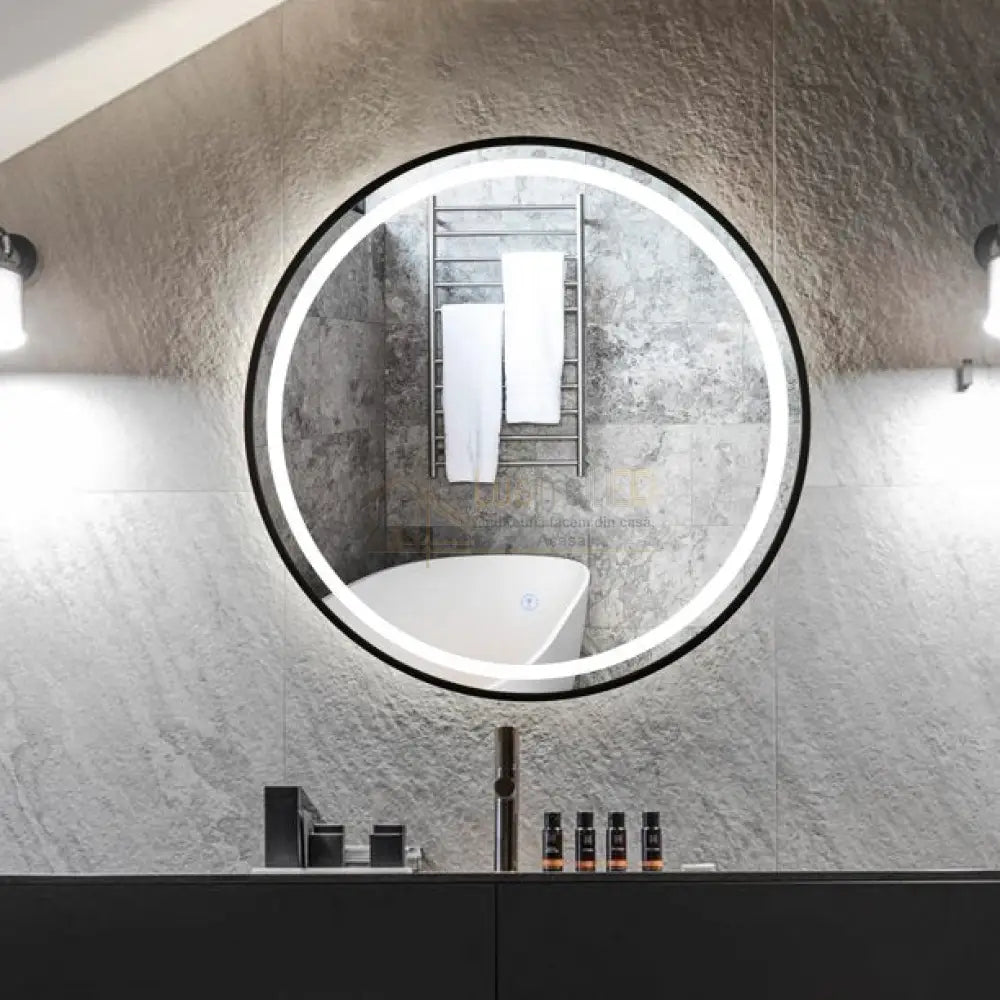 Oglinda Led Rotunda 70Cm Rama Neagra Dezaburire Si Touch J10 Led Mirror
