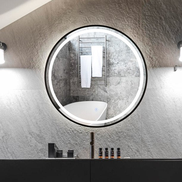 Oglinda LED Rotunda 70cm Rama Neagra Dezaburire si Touch J10