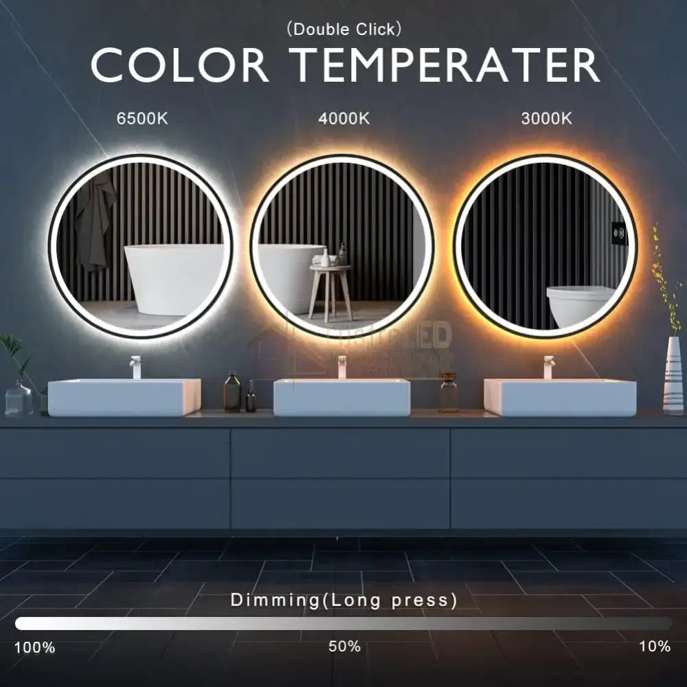 Oglinda Led Rotunda 70Cm Rama Neagra Touch Doua Lumini J110