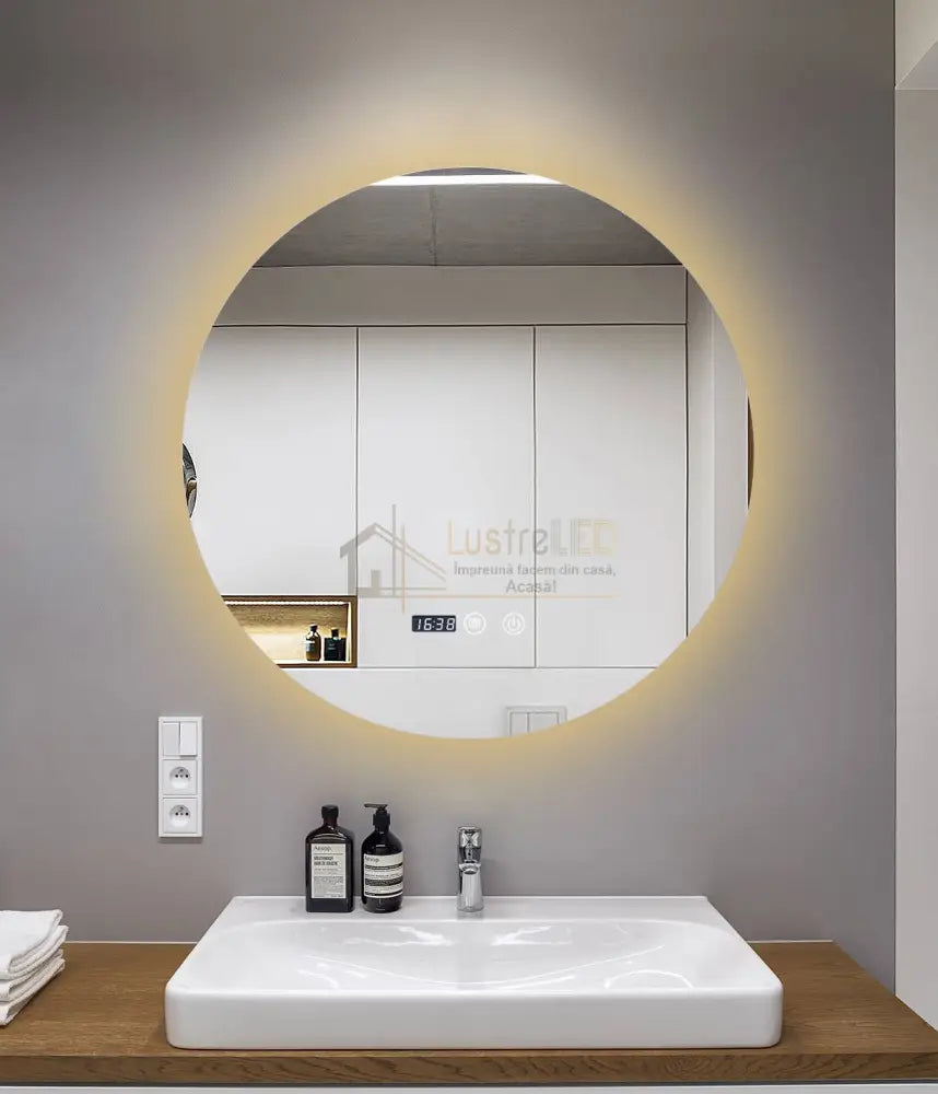 Oglinda Led Rotunda 80Cm Functie Dezaburire Touch Doua Lumini Si Ceas J170 Led Mirror